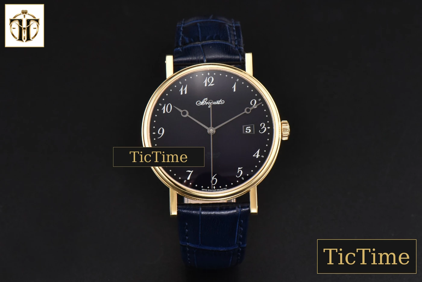 Vista frontal — Classique 5177 38mm LTF YG Black Dial Digital Marker Blue Leather Strap MY9015