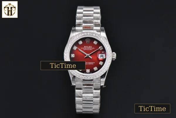 Foto frontal — DateJust 904L 31mm GMF Diamond Bezel Red Dial Diamond Marker SS President Bracelet A2824