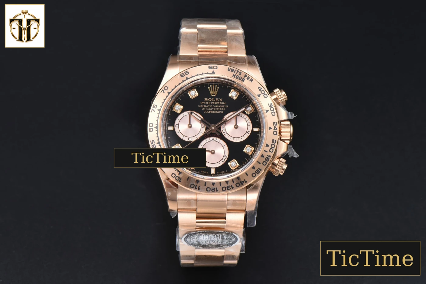 Vista frontal — Daytona 126505 40mm Clean Factory RG Black Dial RG Subdial Diamond Marker RG Bracelet SH4131