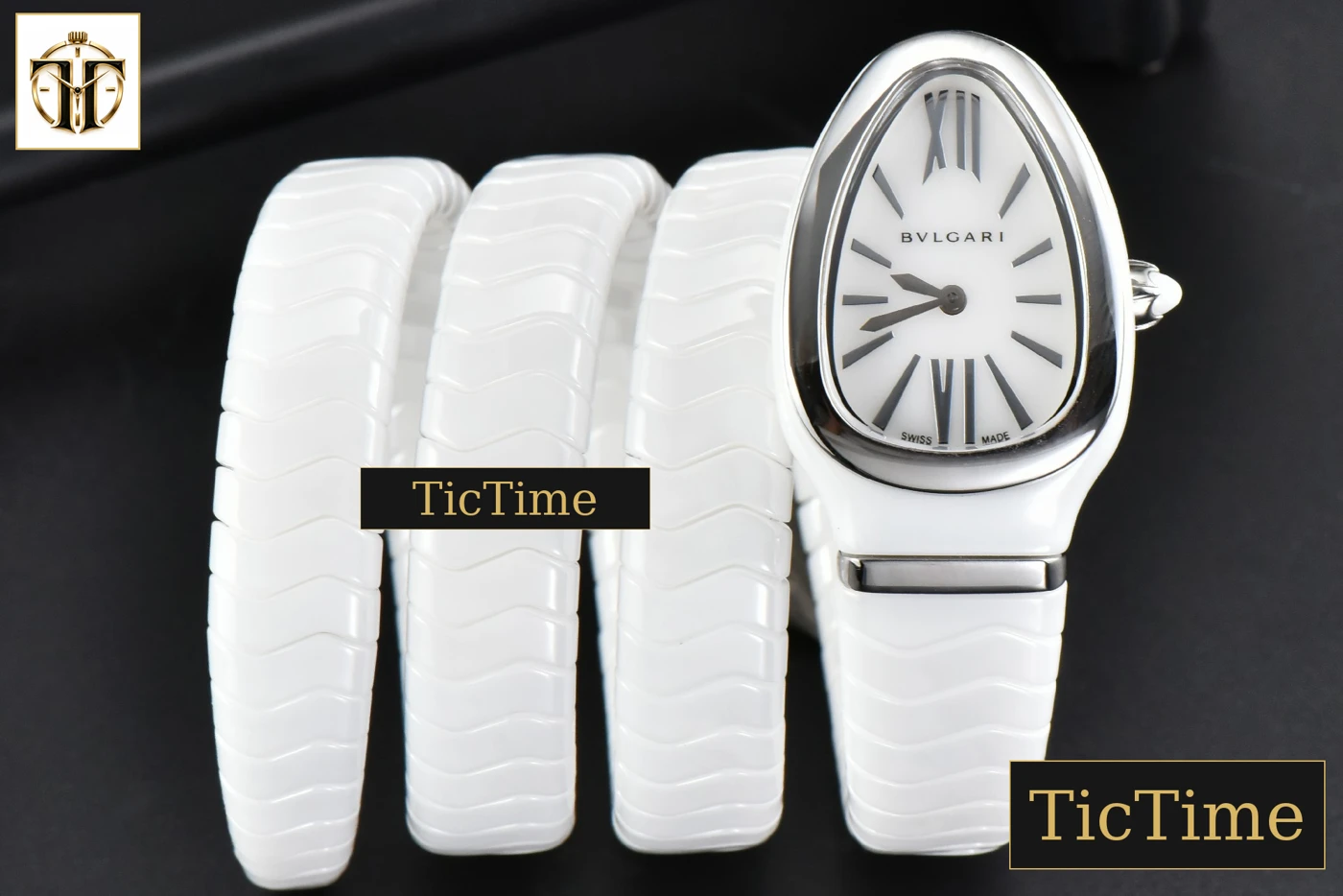 Vista frontal — Serpenti Spiga 35mm BVF SS Polycyclic White Ceramic White Dial Quartz