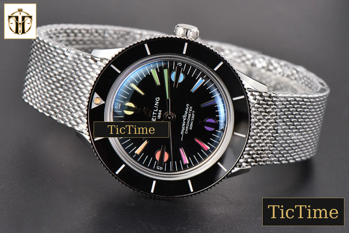 SuperOcean Heritage 42mm GF SS Black Ceramic Black Dial Rainbow Marker Mesh Bracelet A2824 — foto 14