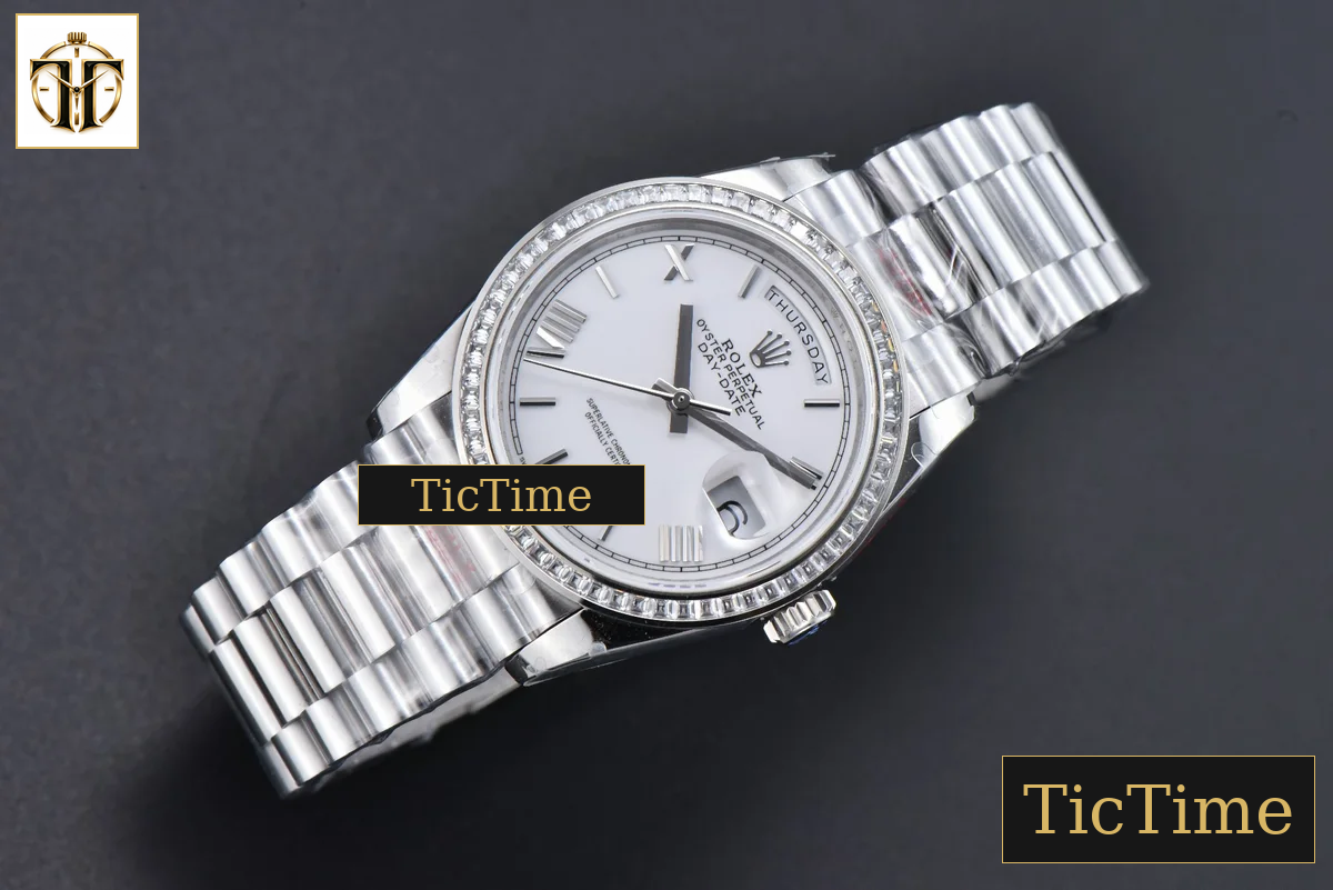 DayDate 36mm GMF SS Diamond Bezel White Dial Roman Marker President Bracelet (Tungsten) A2836 — foto 3
