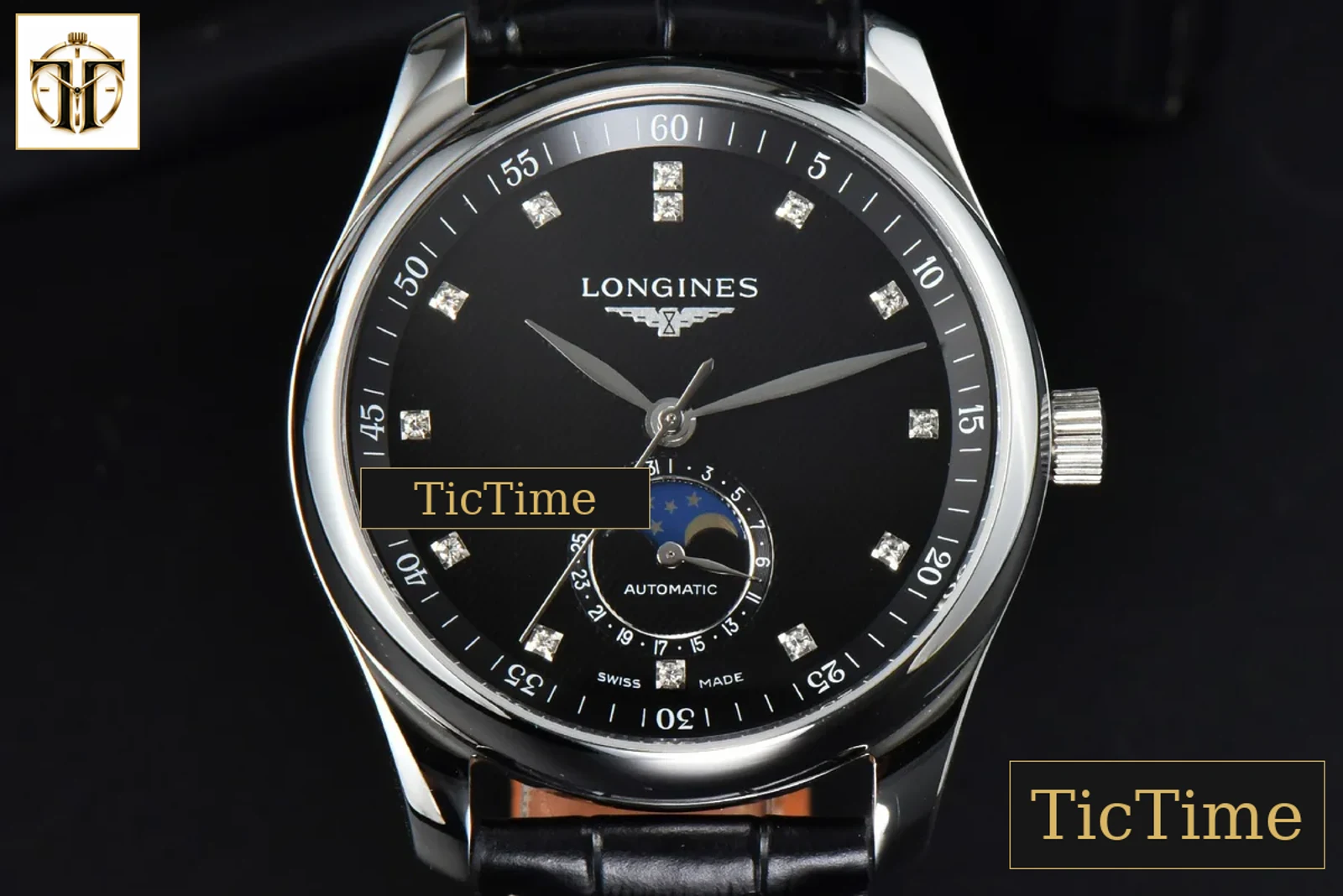 Master Moonphase 40mm GF Black Dial Diamond Marker Black Leather Strap A899 — foto 2