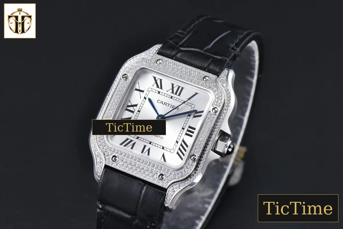 Santos de Cartier Medium 35mm AF SS White Dial Diamond Bezel Black Leather Strap Miyota 9015 — foto 3
