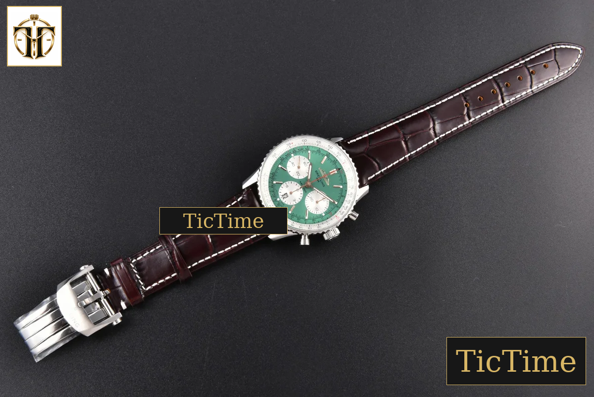 Navitimer B01 43mm BLSF Green Dial White Subdial Black Leather Strap A7750 — foto 30