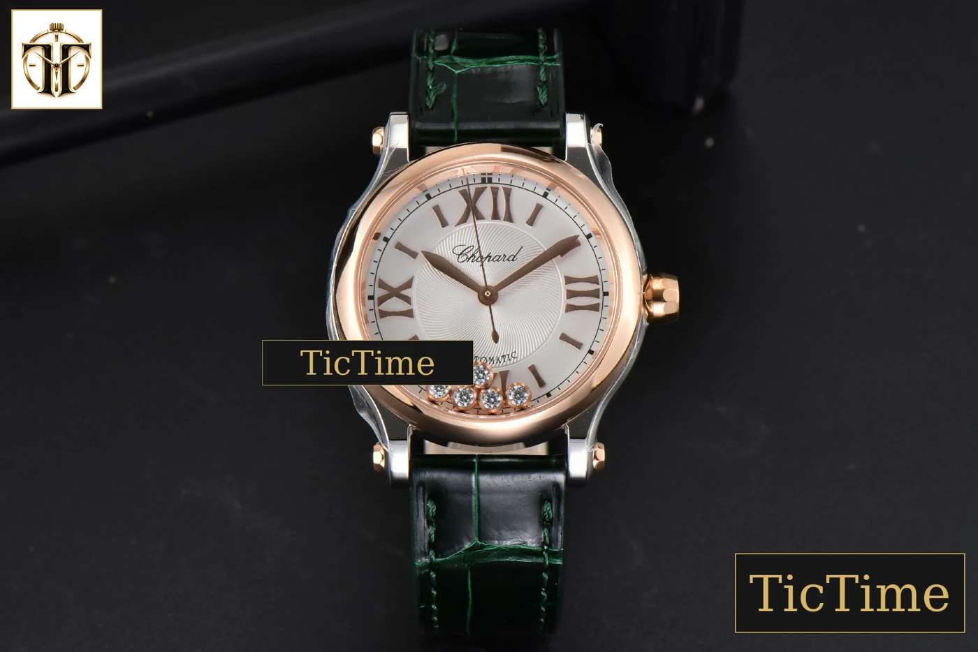 Vista frontal — Happy Sport Automatic 33mm HWF RG/SS White Dial Green Leather Strap A2892