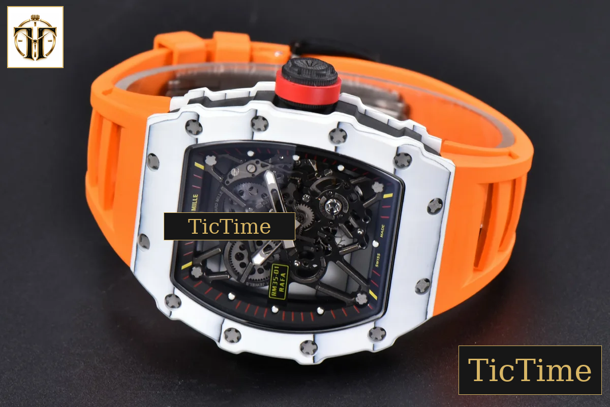 RM035-02 42mm T+F White Forged Carbon Skeleton Dial Red Crown Orange Rubber Strap RMUL2 — foto 15
