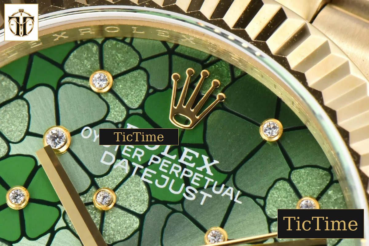 DateJust 904L 31mm GMF YG Fluted Bezel Green Flowers Dial President Bracelet A2824 — foto 6