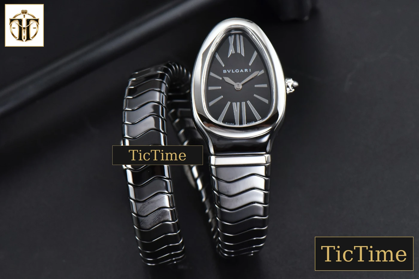 Vista frontal — Serpenti Spiga 35mm BVF SS Black Ceramic Black Dial Quartz