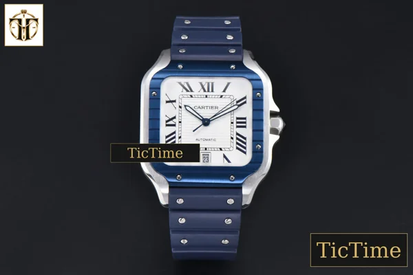 Foto frontal — Santos de Cartier XL 40mm AF SS White Dial Blue Bezel Blue Rubber Strap Miyota 9015