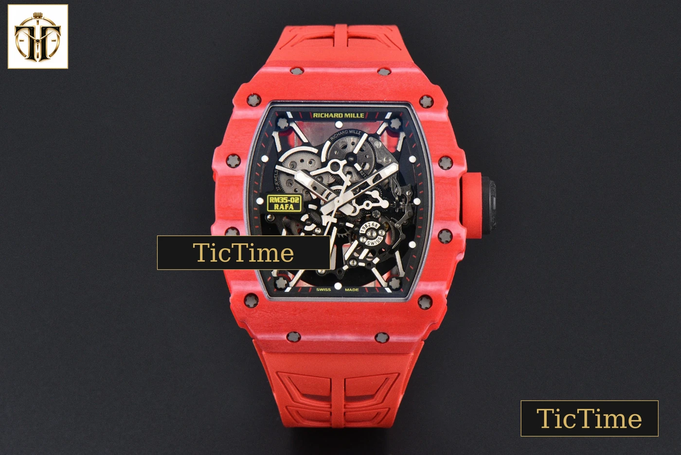 Vista frontal — NTPT RM035-02 ZF Red Bezel Black Skeleton Dial Red Crown Red Rubber Strap V7 RMAL1