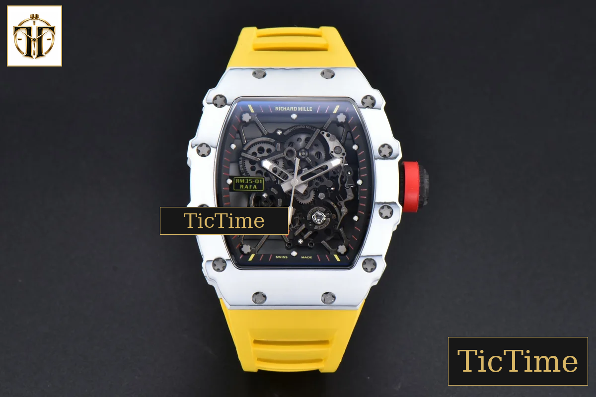 RM035-02 42mm T+F White Forged Carbon Skeleton Dial Red Crown Yellow Rubber Strap RMUL2 — foto 3