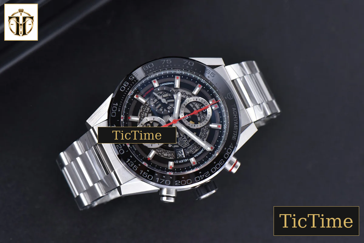 Calibre Heuer 01 Chrono 45mm XF PVD Skeleton Dial Red Hand SS Bracelet A1887 — foto 4