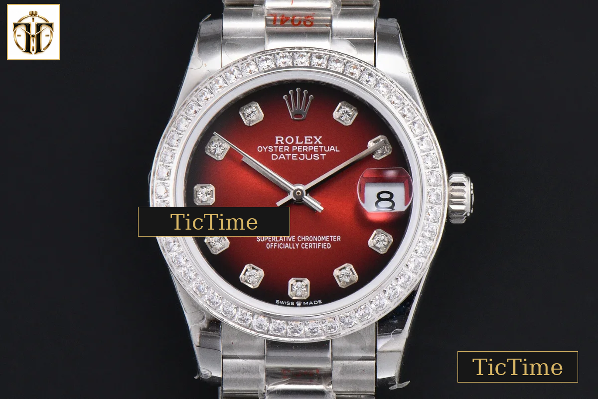 DateJust 904L 31mm GMF Diamond Bezel Red Dial Diamond Marker SS President Bracelet A2824 — foto 5