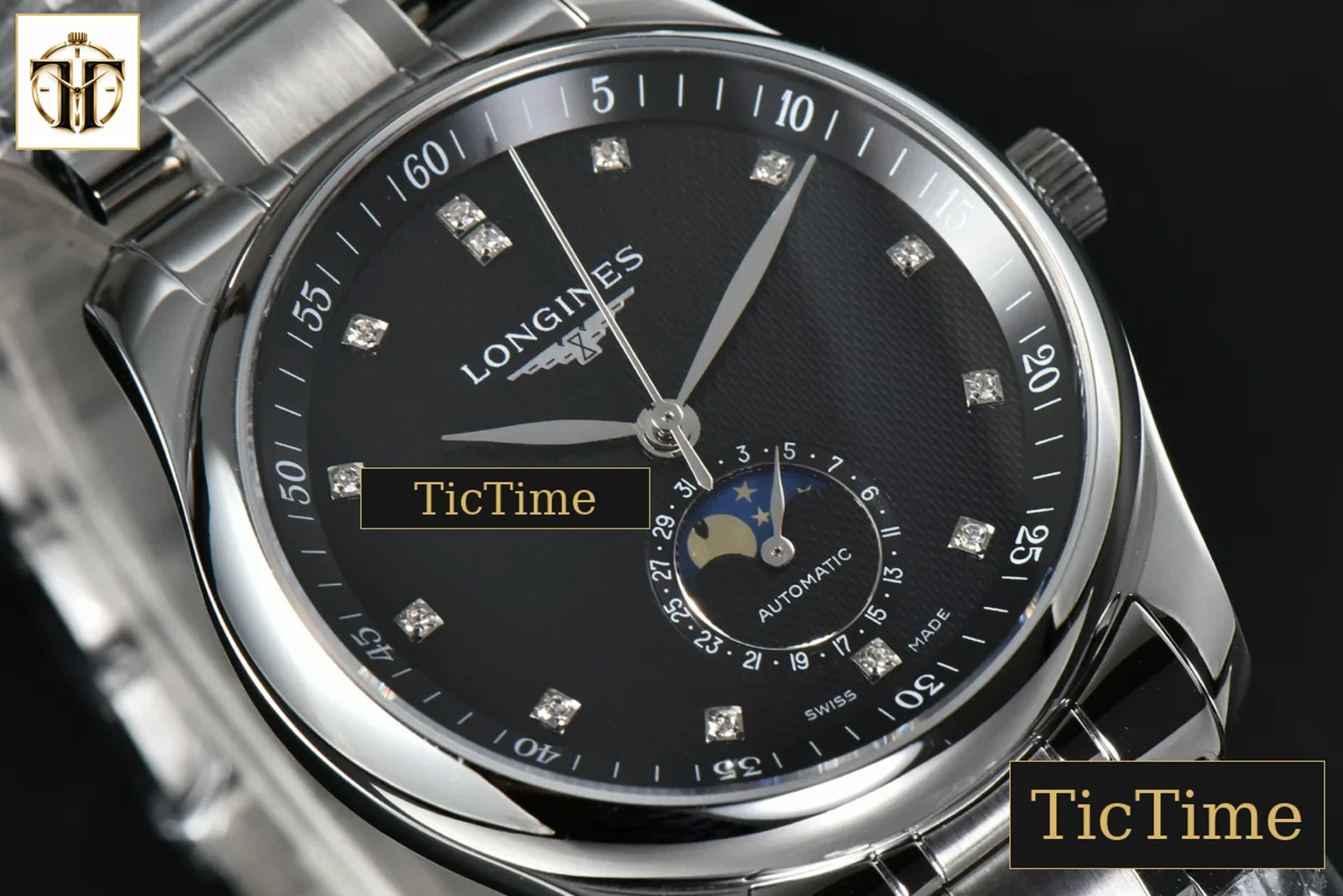 Master Moonphase 40mm GF Black Dial Diamond Marker SS Bracelet A899 — foto 7
