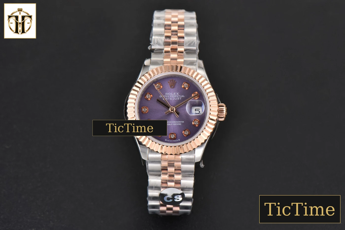 Vista frontal — DateJust Ladies 28mm WF RG/SS Purple Dial Diamond Marker Jubilee Bracelet A2236