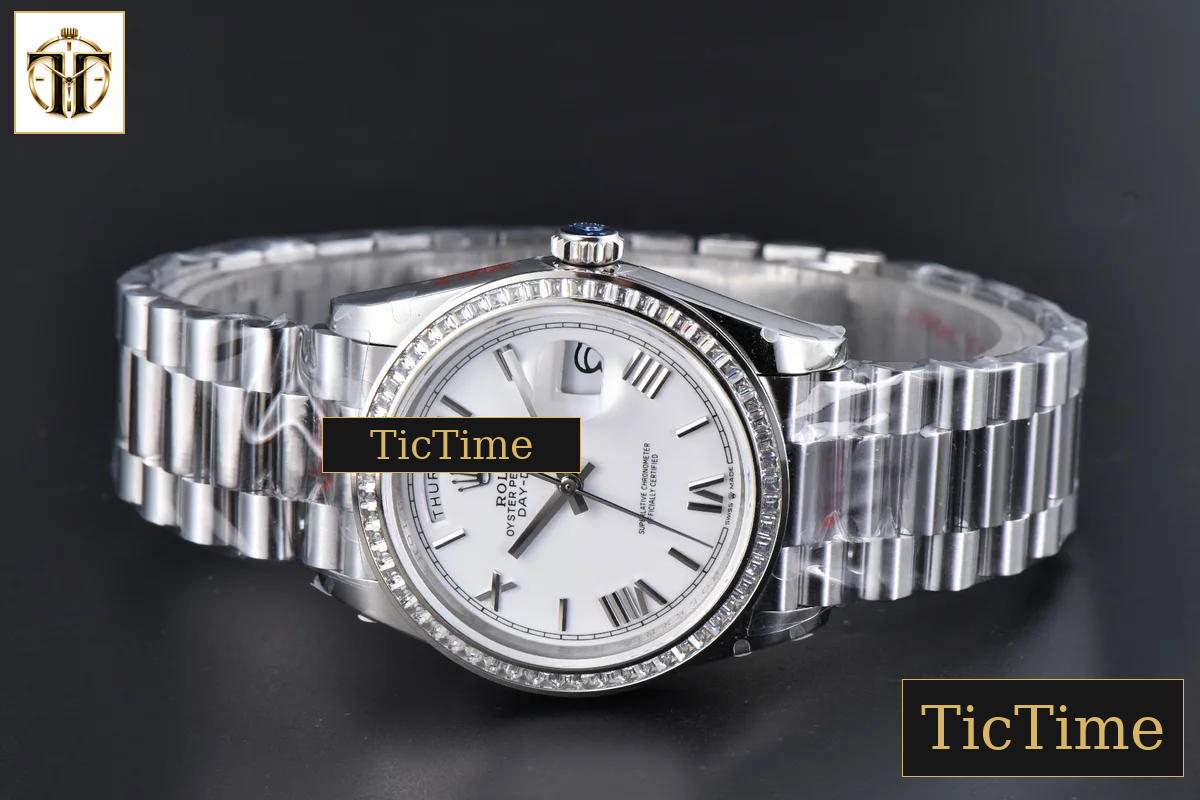 DayDate 36mm GMF SS Diamond Bezel White Dial Roman Marker President Bracelet (Tungsten) A2836 — foto 16