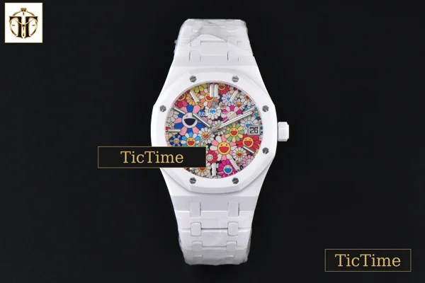 Foto frontal — Royal Oak 15500 41mm APSF White Ceramic Takashi Murakami flower Dial SS Bracelet SA4302