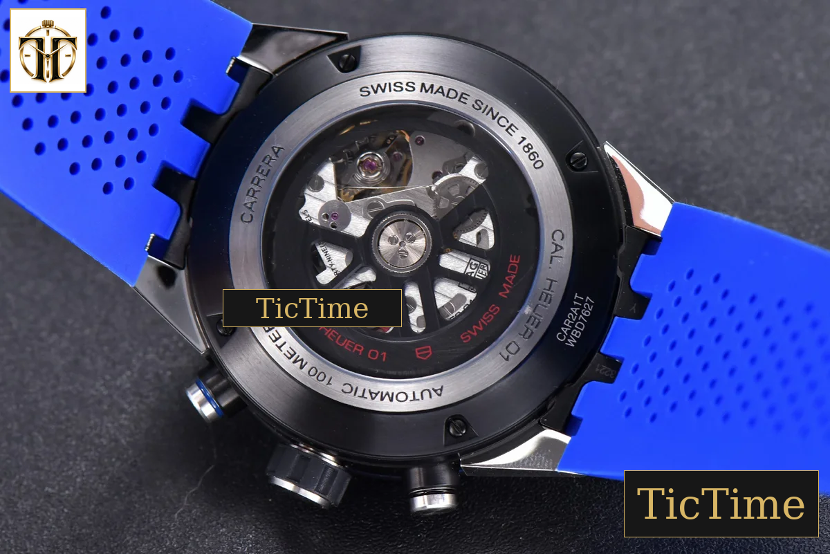 Calibre Heuer 01 Chrono 45mm XF PVD Skeleton Dial Blue Hand Blue Rubber Strap A1887 — foto 15