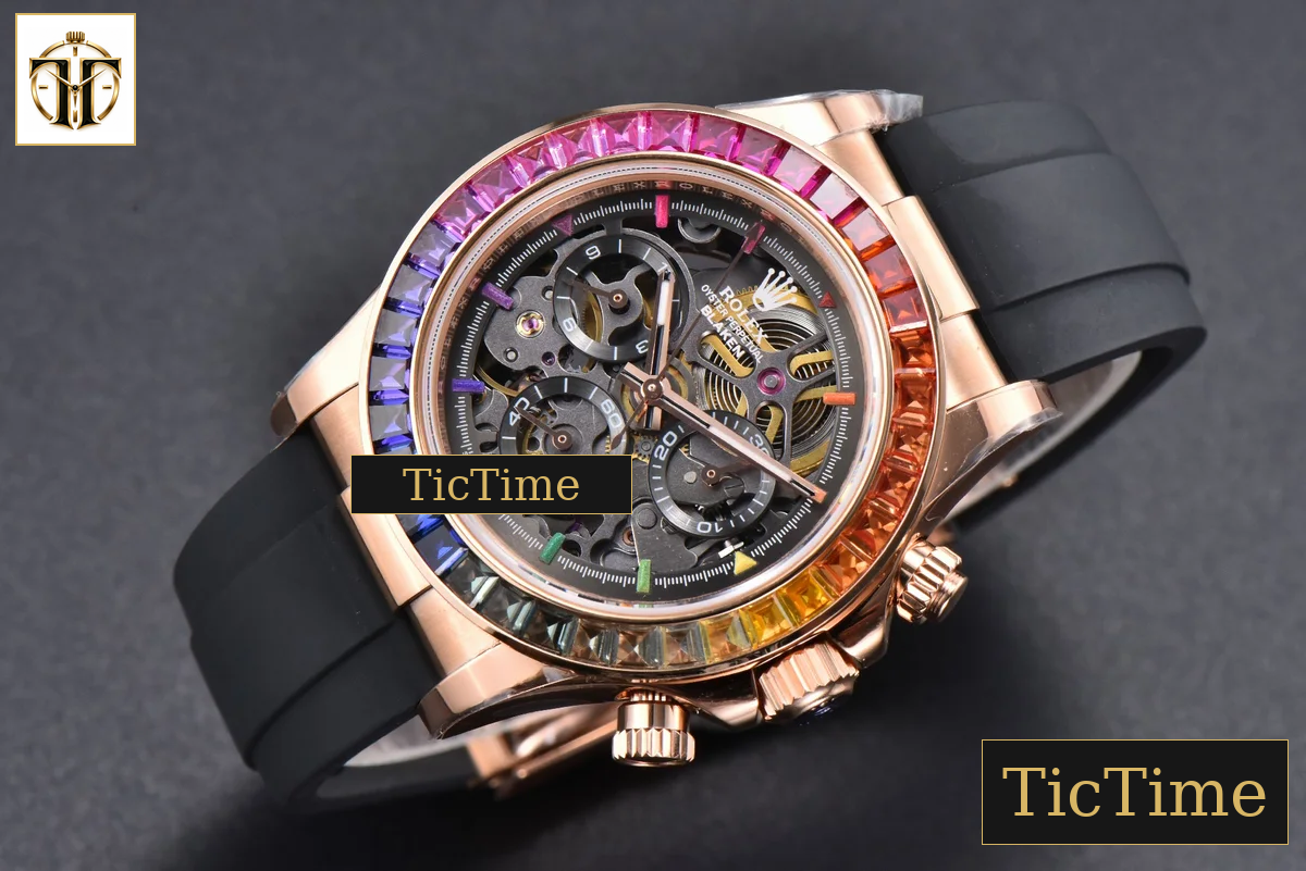 Daytona 40mm GETF PVD RG Carbon Rainbow Diamond Skeleton Dial Black Rubber Strap SA4130 — foto 4