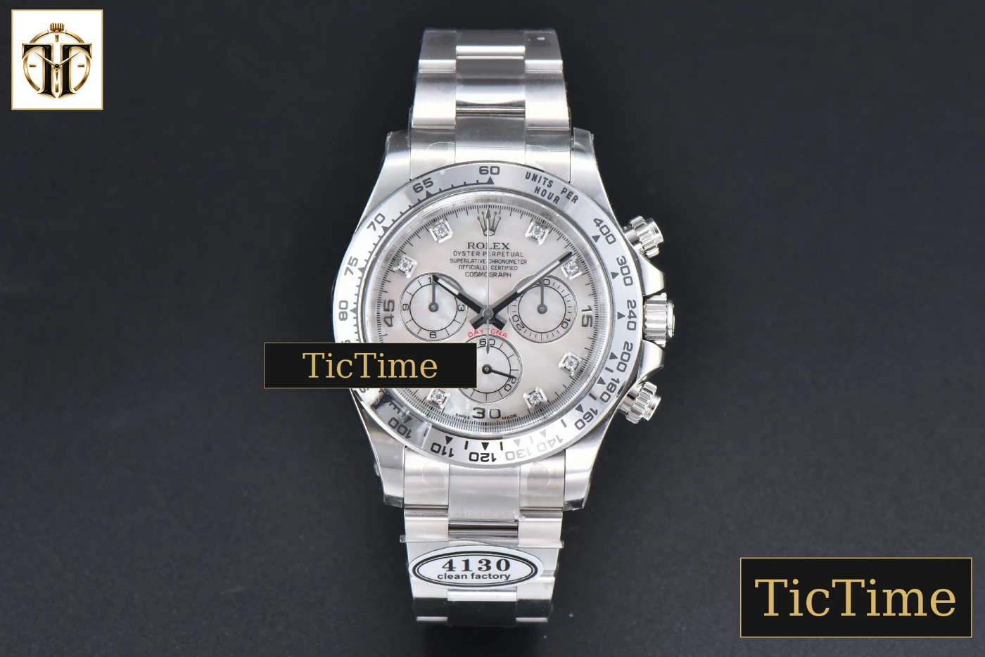 Vista frontal — Daytona 116509 40mm Clean Factory SS MOP Dial Diamond Marker SS Bracelet A4130