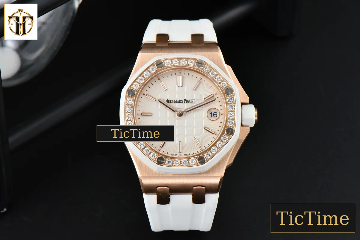 Royal Oak Offshore Ladies 33mm RXWF RG Moissanite White Dial Diamonds Bezel White Rubber Strap Swiss Quartz — foto 3