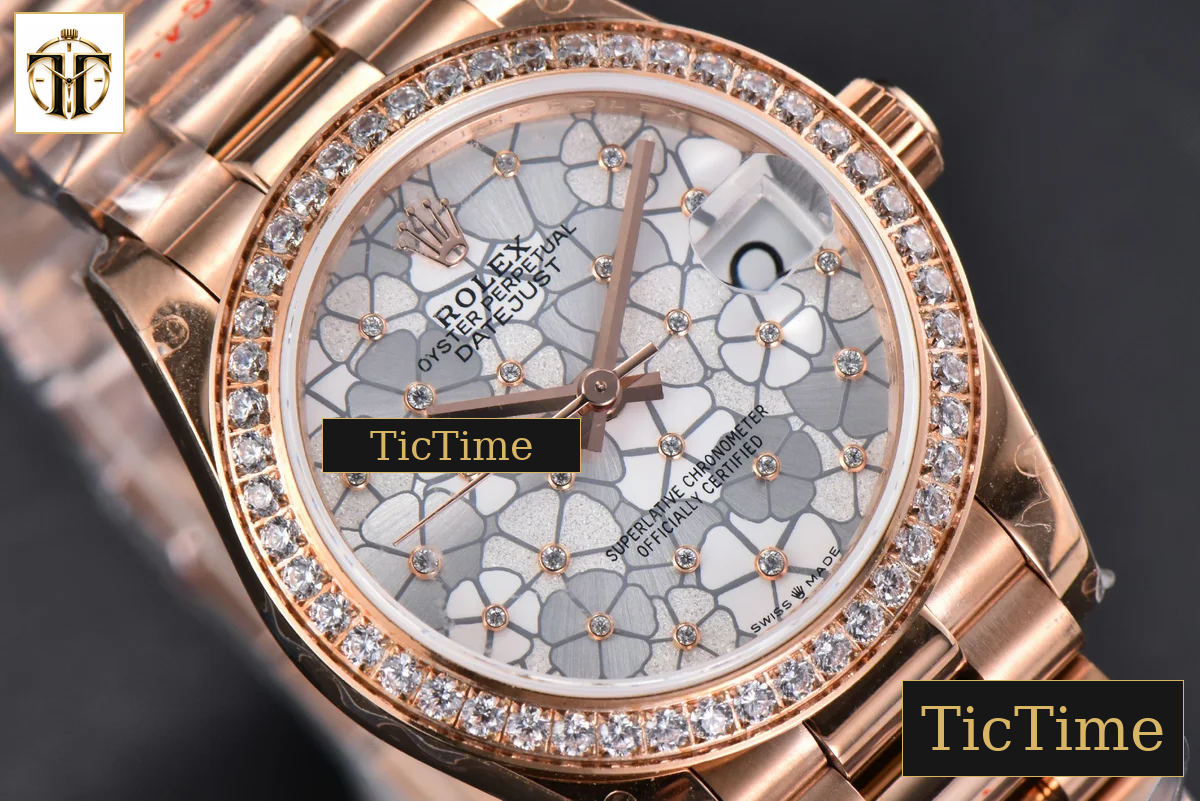 DateJust 904L 31mm GMF RG Diamond Bezel Silver Flowers Dial President Bracelet A2824 — foto 13