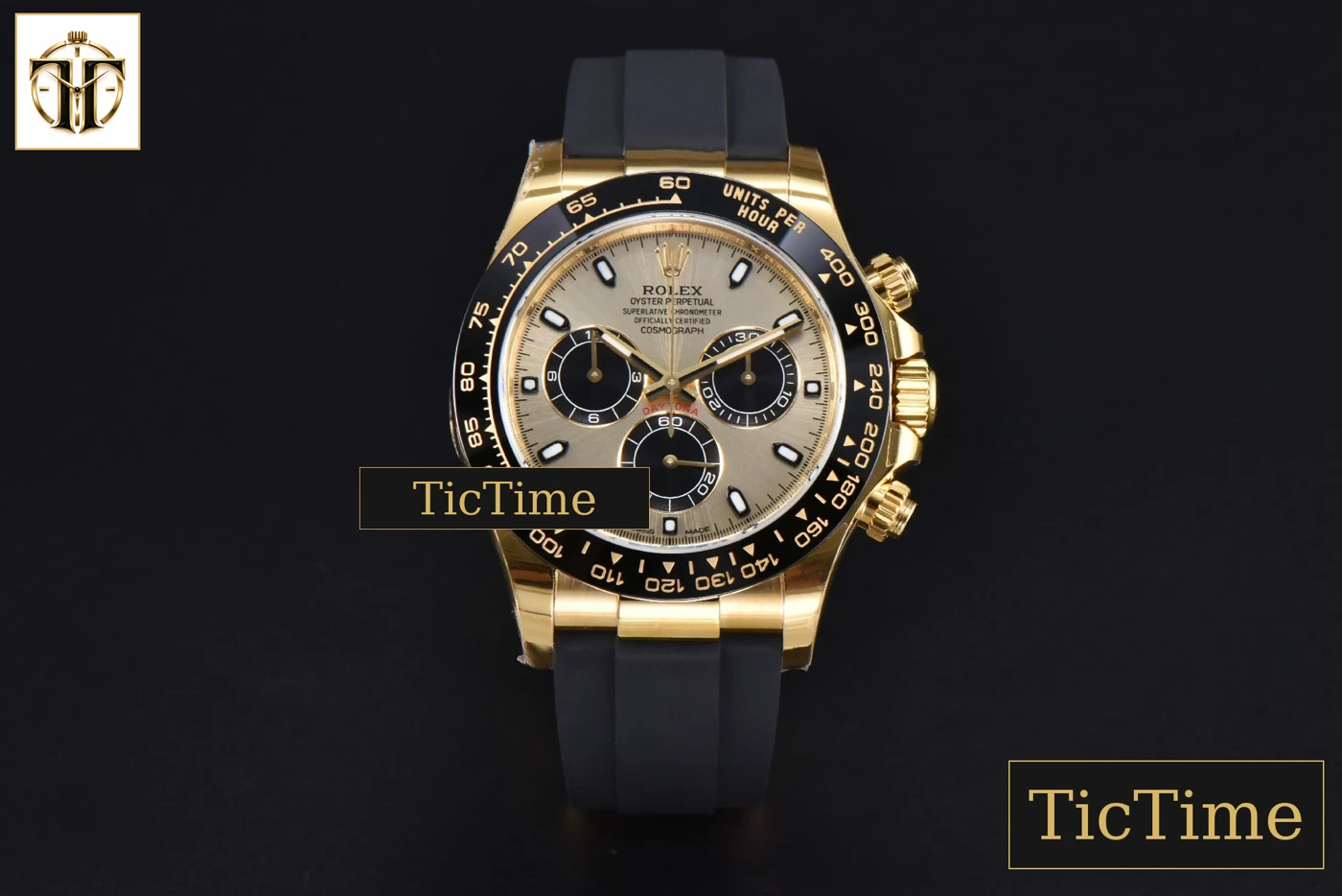 Vista frontal — Daytona 904L 116518 40mm VSF YG YG Black Subdial Oysterflex Strap DD4130