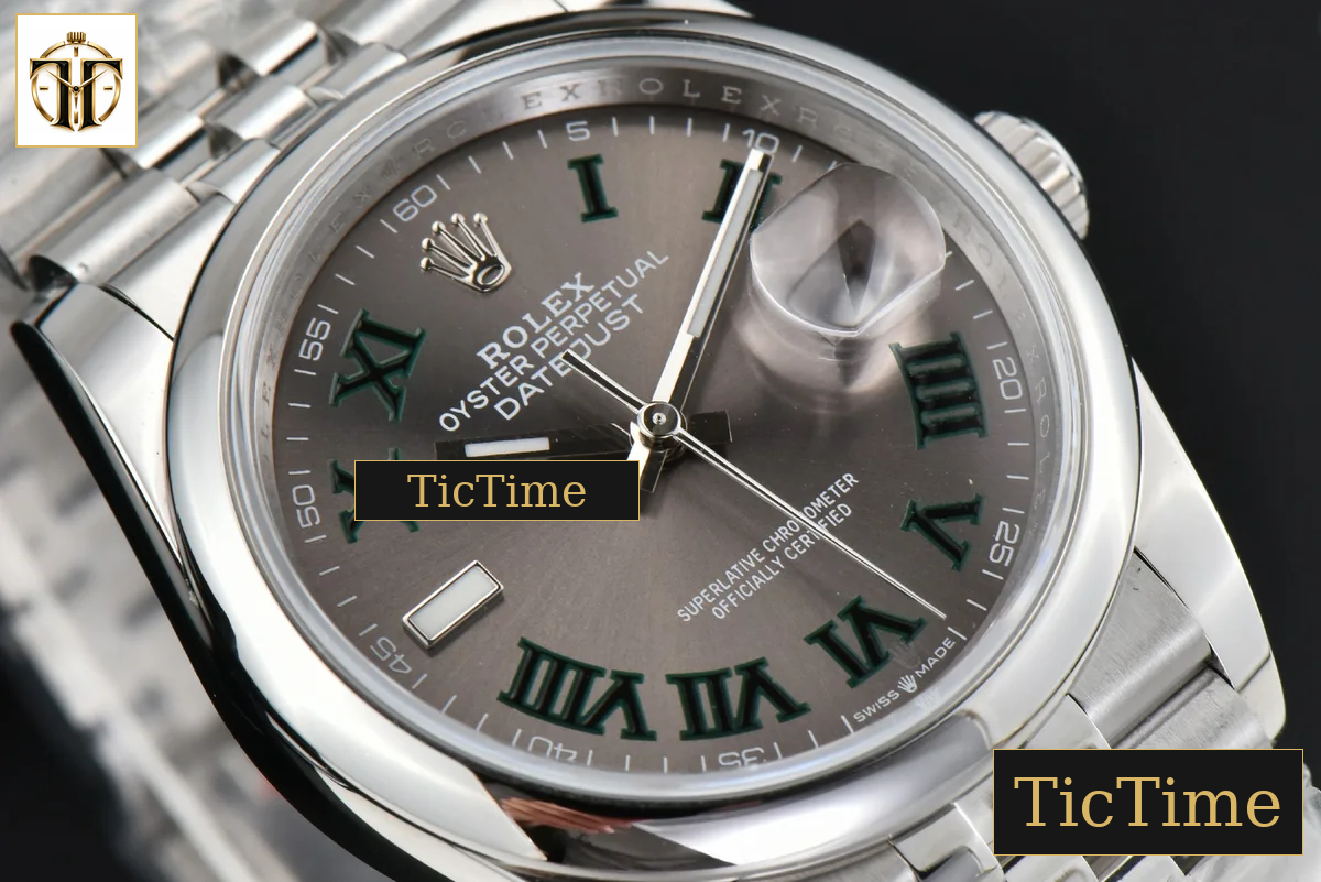 DateJust Smooth Bezel Wimbledon 36mm BPF Gray Dial Green Roma Marker Jubilee Bracelet A2824 — foto 12