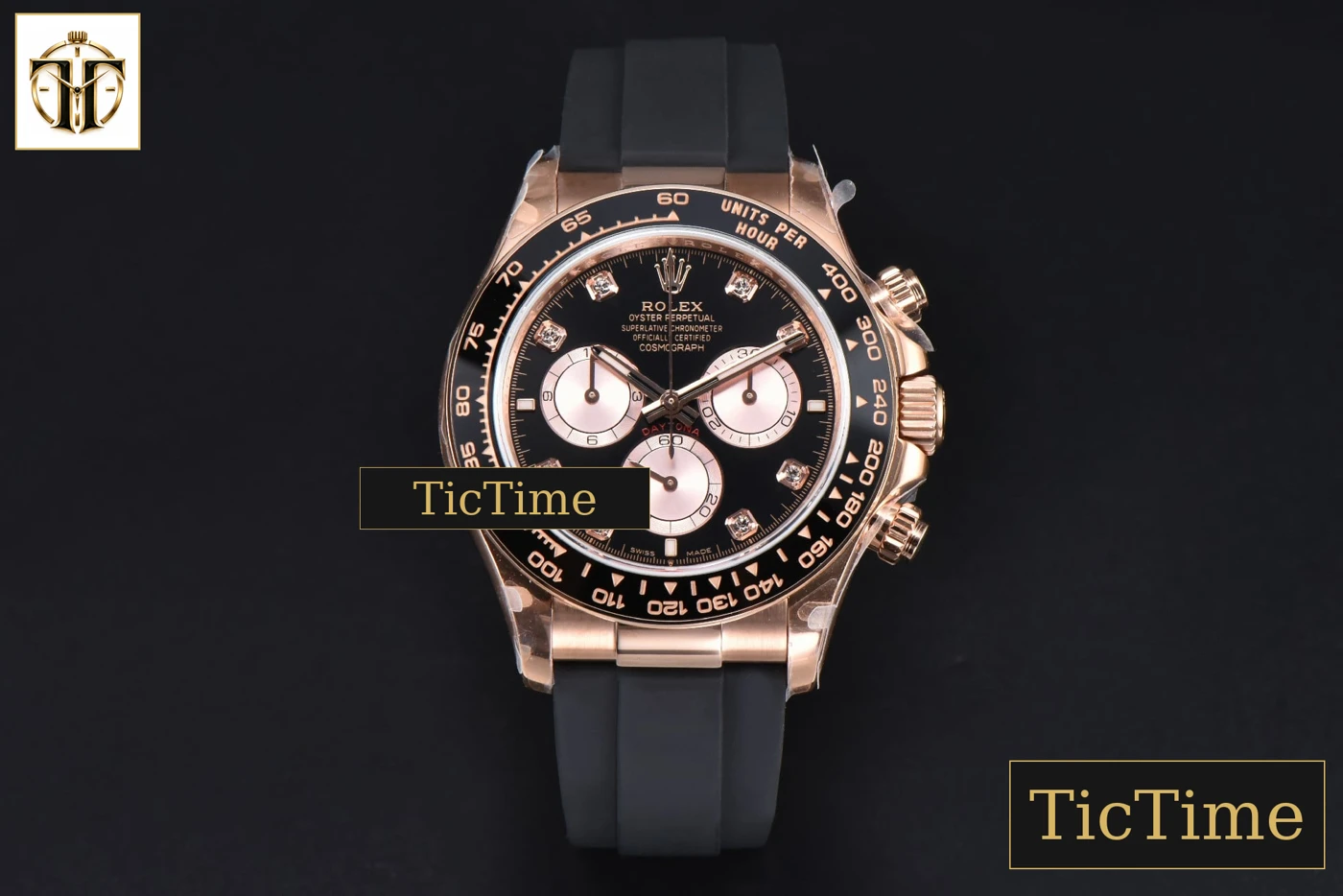Vista frontal — Daytona 126515 40mm BPF RG Black Bezel Black Dial RG Subdial Diamond Marker Black Oysterflex Strap SH4131