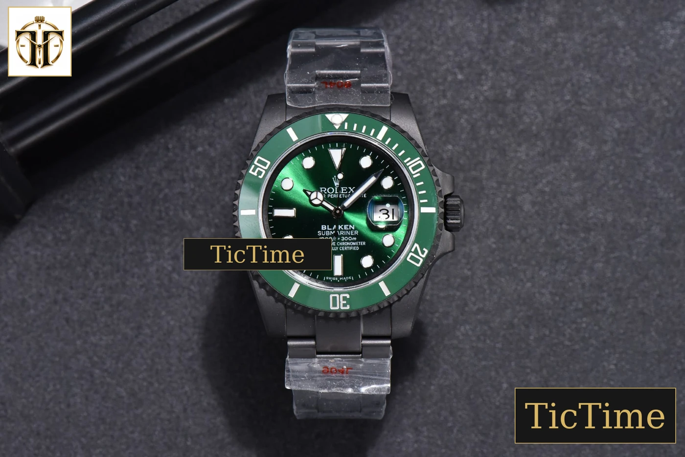 Vista frontal — Blaken Submariner LV 116610 IPKF Green PVD Bracelet A2836