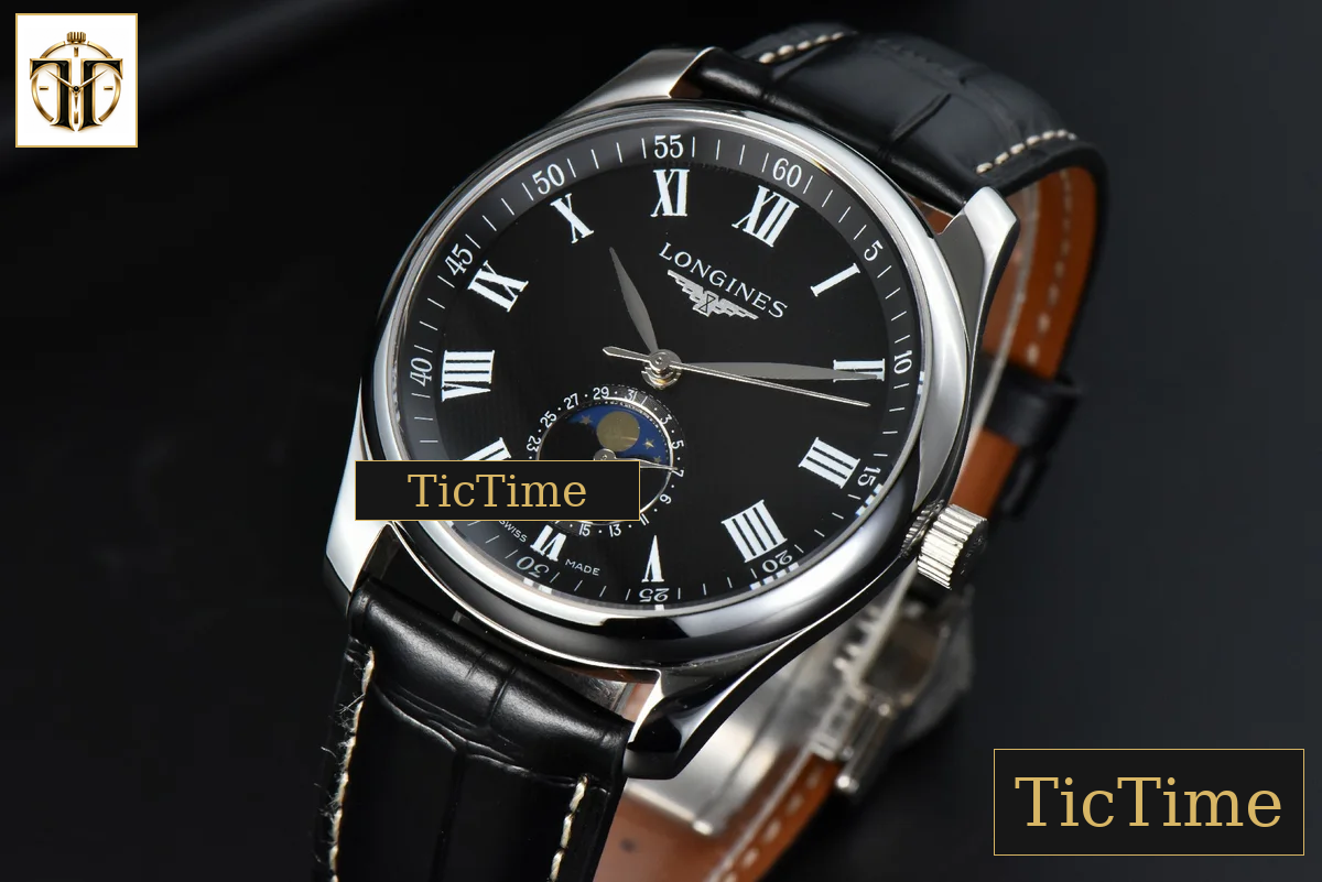 Master Moonphase 40mm GF Black Dial Roma Marker Black Leather Strap A899 — foto 4