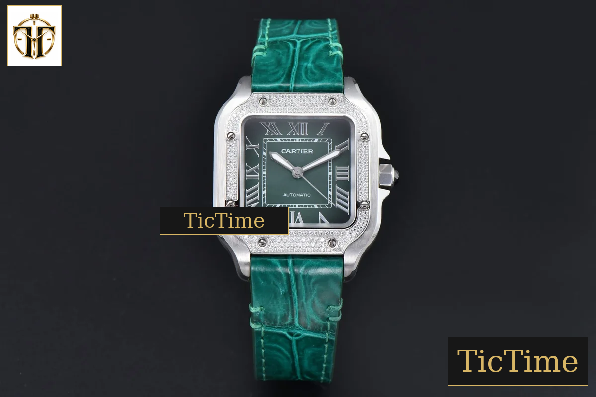 Santos de Cartier Medium 35mm AF SS Green Dial Diamond Bezel Green Leather Strap Miyota 9015 — foto 2