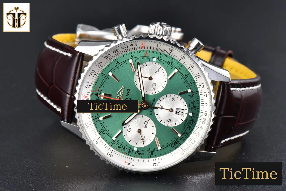 Navitimer B01 43mm BLSF Green Dial White Subdial Black Leather Strap A7750 — foto 13