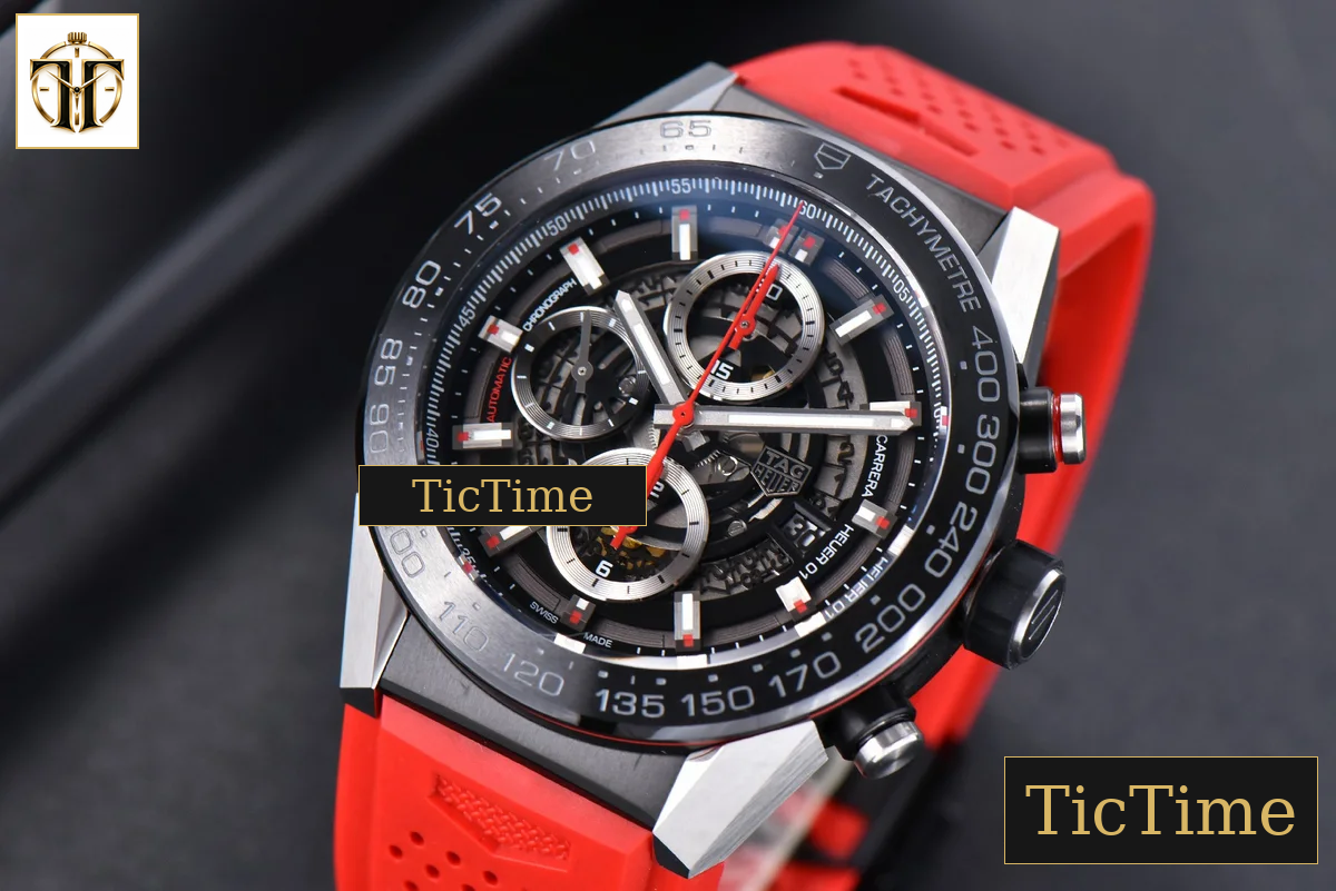 Calibre Heuer 01 Chrono 45mm XF Skeleton Dial Red Hand Red Rubber Strap A1887 — foto 5