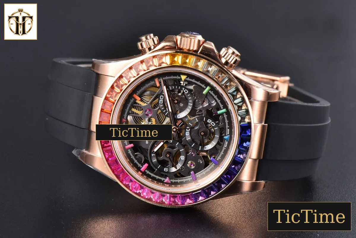Daytona 40mm GETF PVD RG Carbon Rainbow Diamond Skeleton Dial Black Rubber Strap SA4130 — foto 16