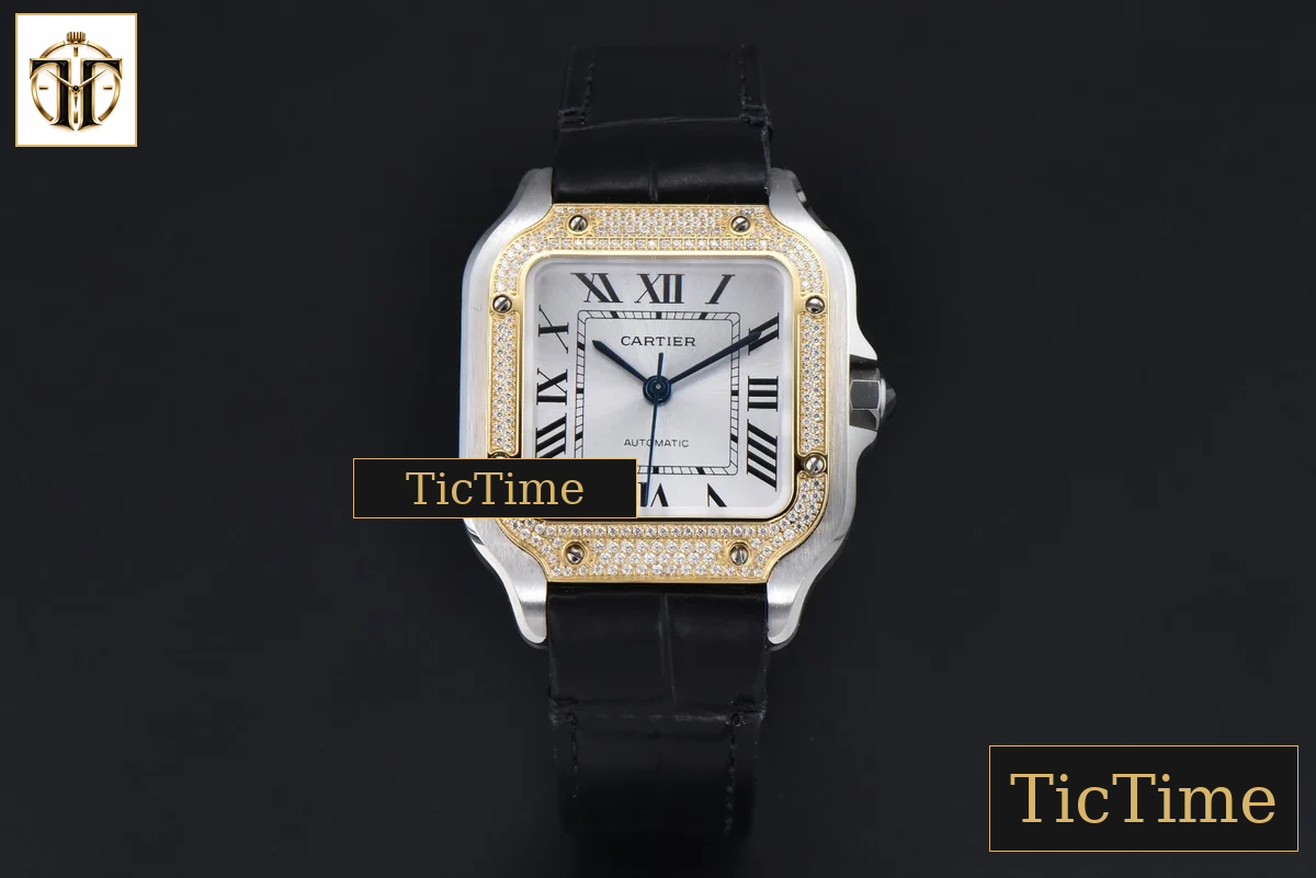 Santos de Cartier Medium 35mm AF SS White Dial YG Diamond Bezel Black Leather Strap Miyota 9015 — foto 2