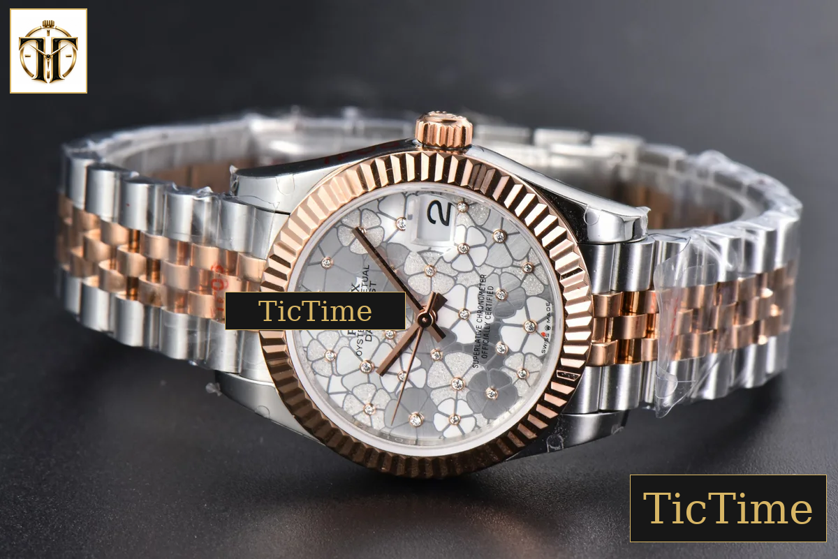 DateJust 904L 31mm GMF RG/SS Fluted Bezel Silver Flowers Dial Jubilee Bracelet A2824 — foto 16