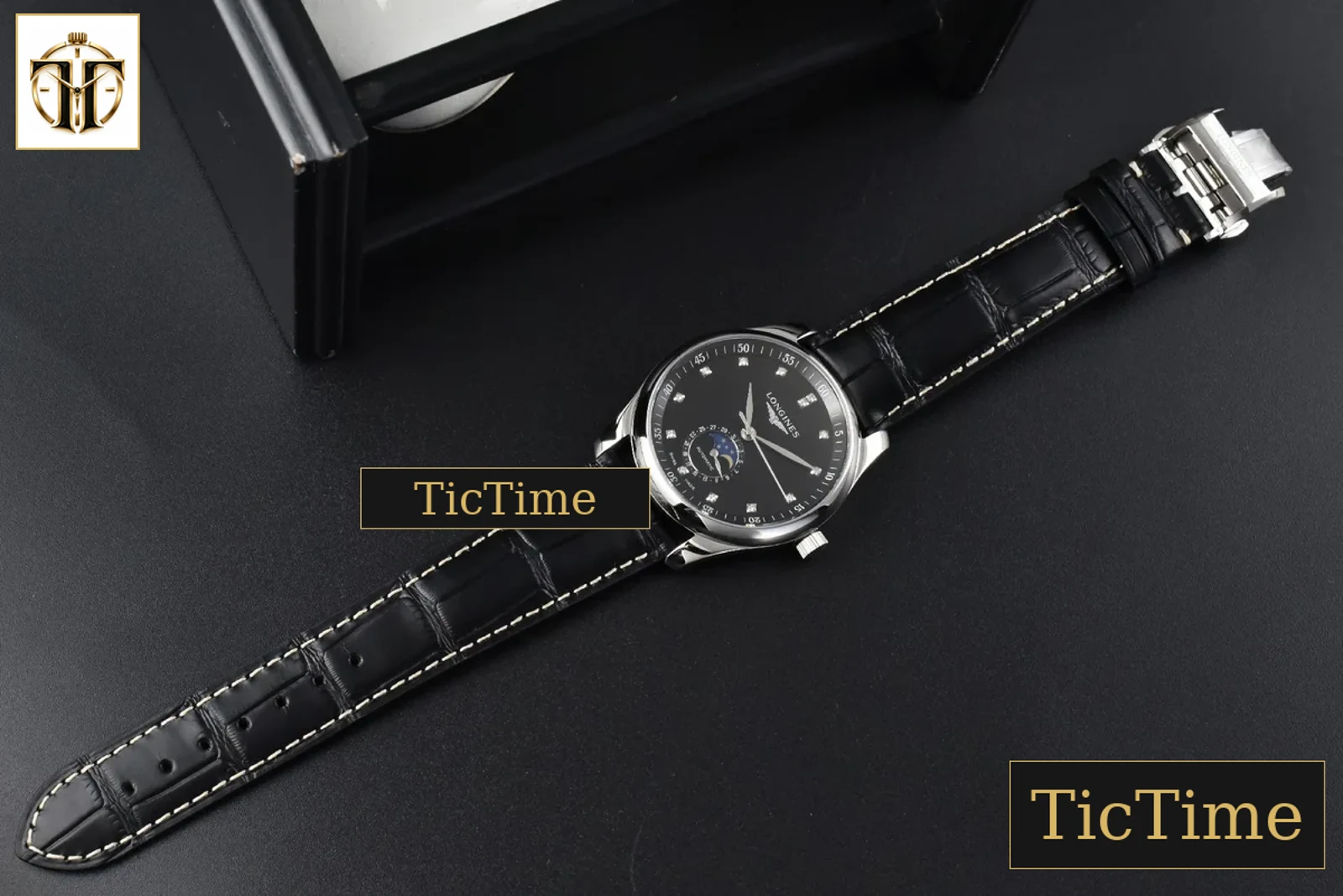 Master Moonphase 40mm GF Black Dial Diamond Marker Black Leather Strap A899 — foto 14