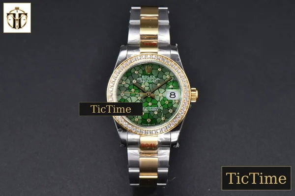 Foto frontal — DateJust 904L 31mm GMF YG Diamond Bezel Green Flowers Dial Oyster Bracelet A2824