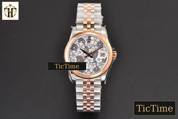 Foto frontal — DateJust Ladies 904L 31mm WF RG/SS Smooth Silver Flowers Dial Oyster Bracelet A2671
