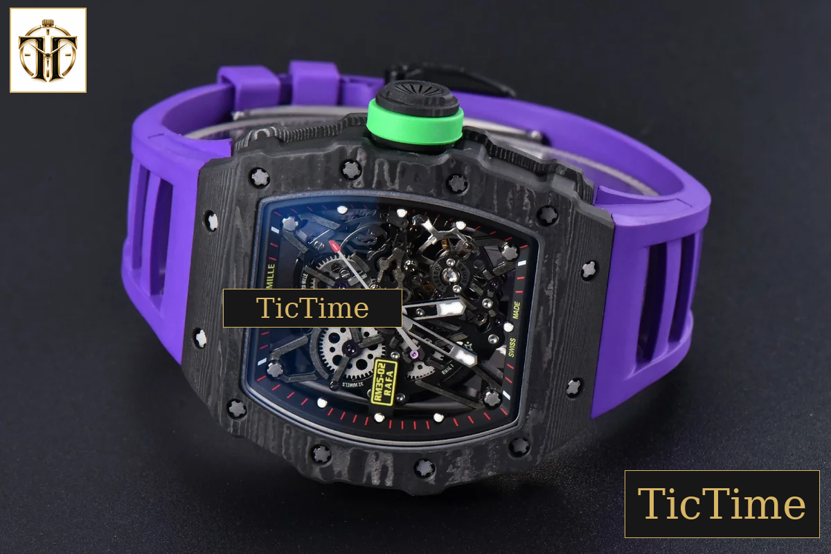 RM035-02 42mm T+F Black Forged Carbon Skeleton Dial Green Crown Purple Rubber Strap RMUL2 — foto 14