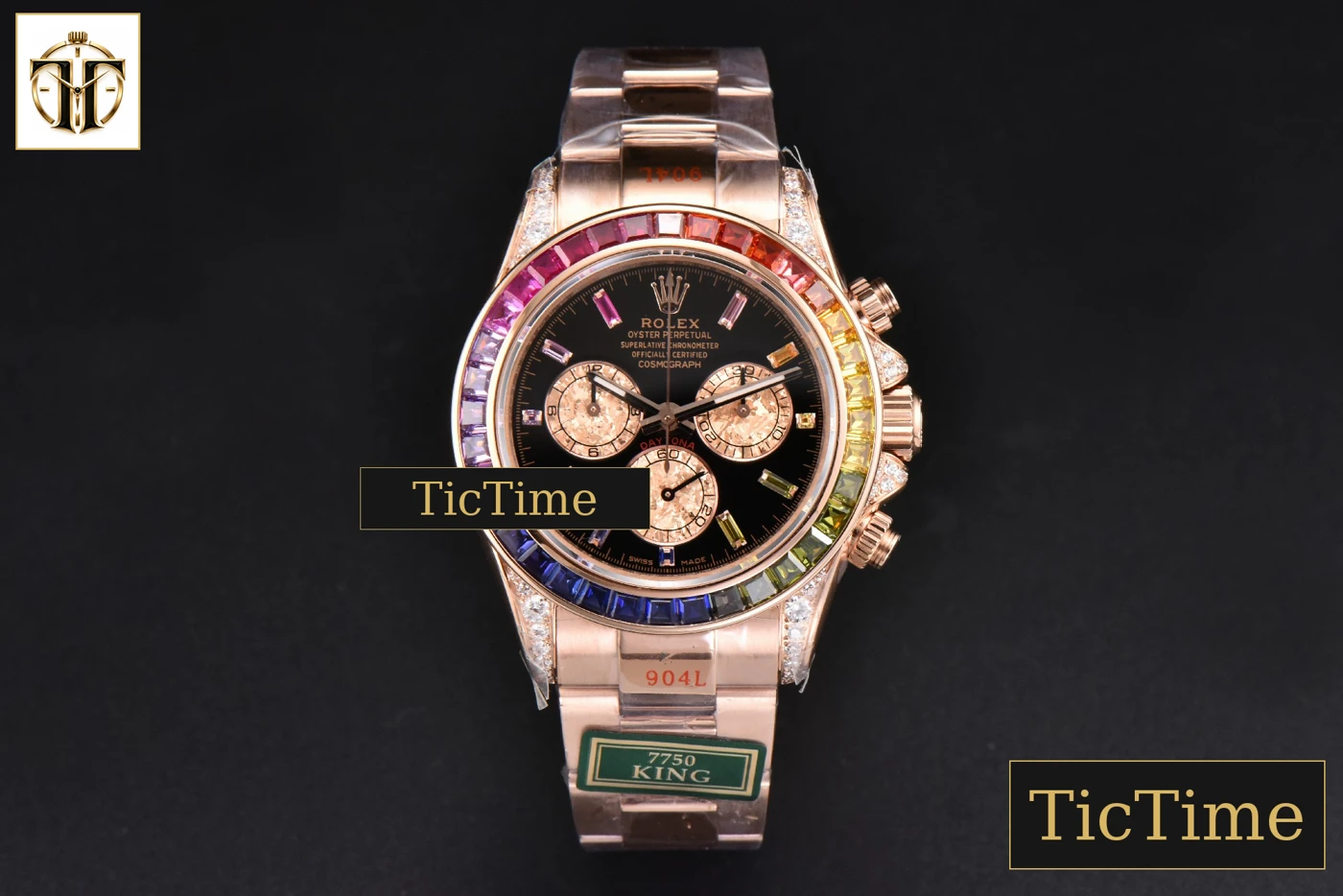 Vista frontal — Daytona 116595 King Factory RG Rainbow Diamond Black Dial RG Bracelet A7750