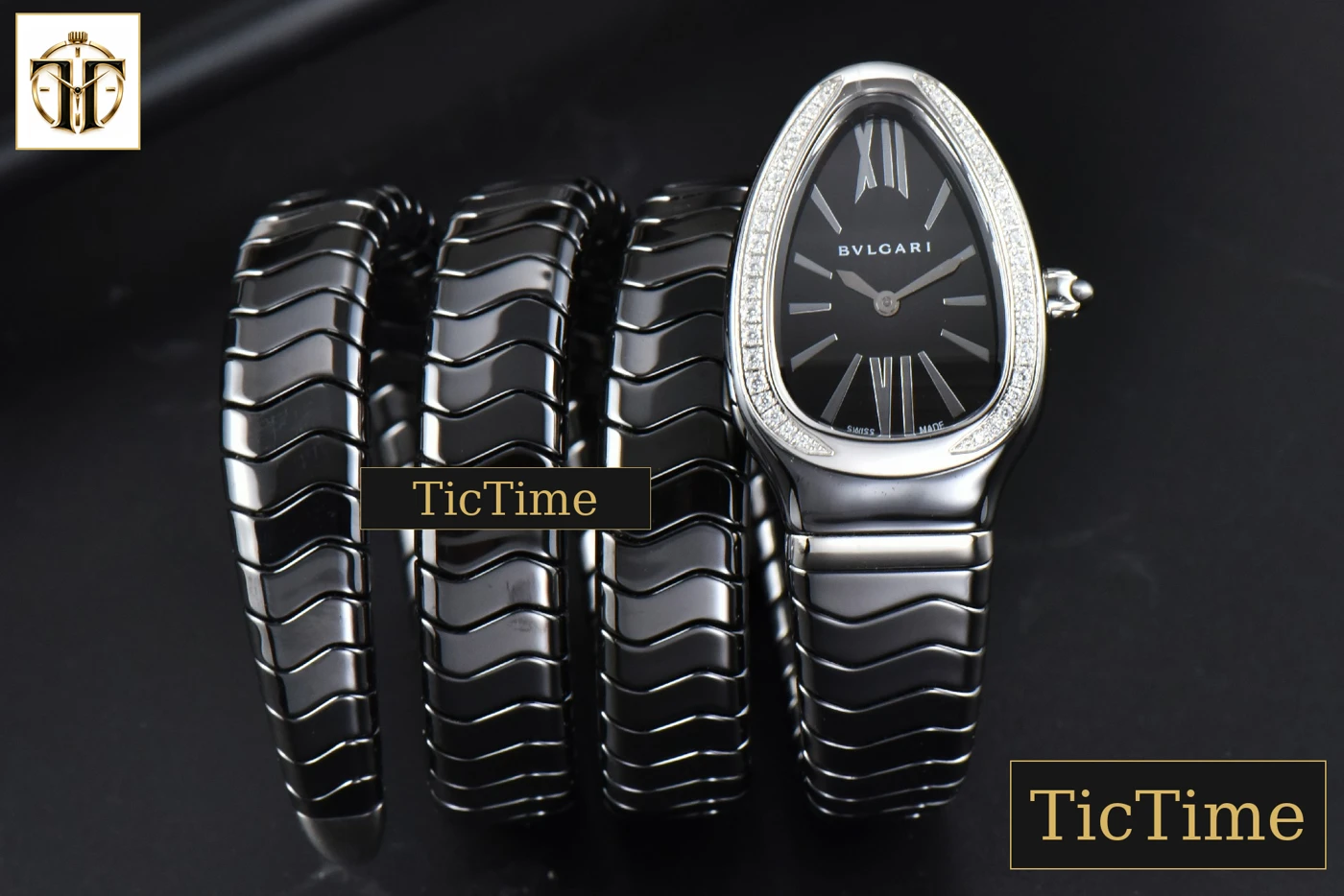 Vista frontal — Serpenti Spiga 35mm BVF SS Polycyclic Black Ceramic Black Dial Diamond Bezel Quartz