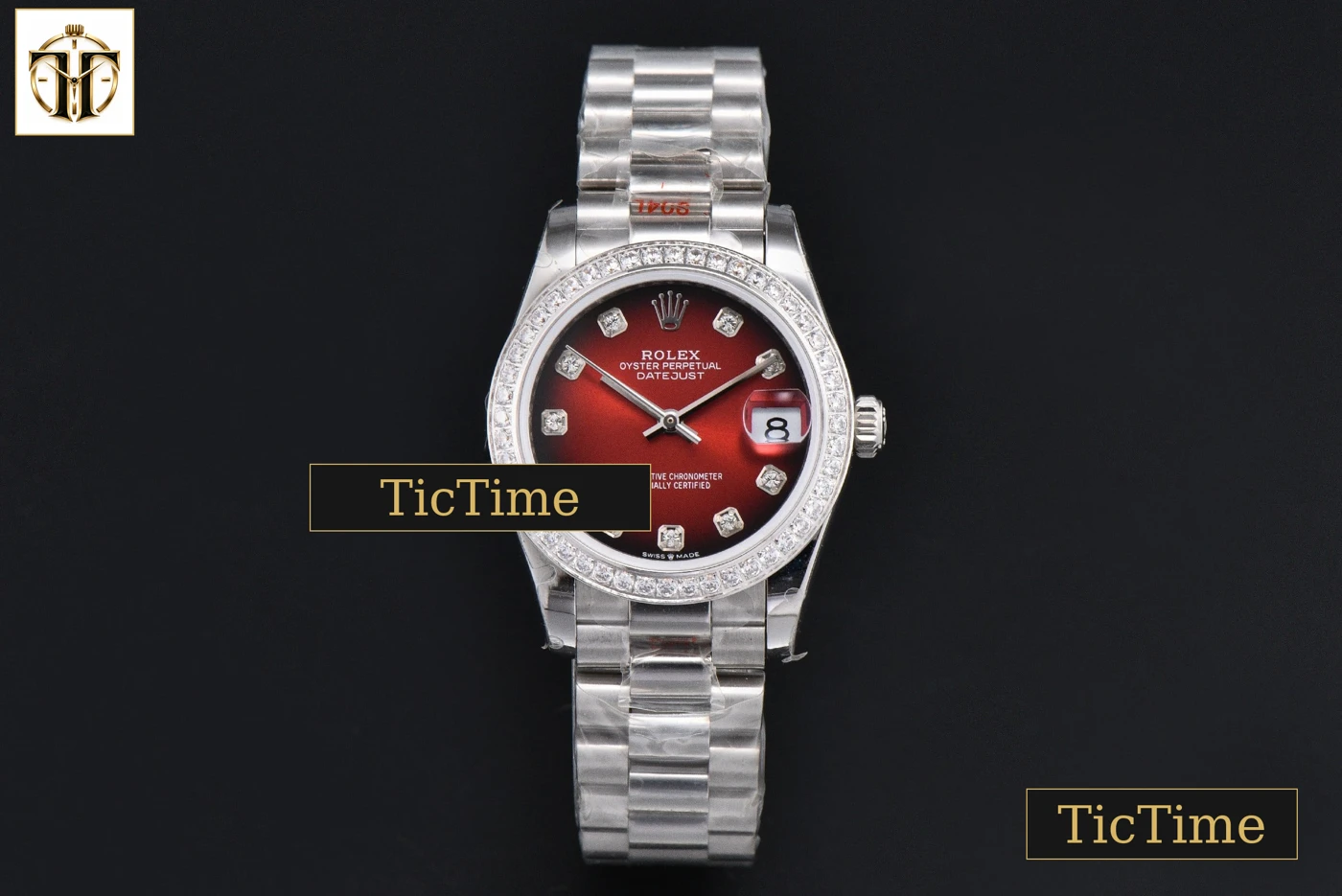 Vista frontal — DateJust 904L 31mm GMF Diamond Bezel Red Dial Diamond Marker SS President Bracelet A2824