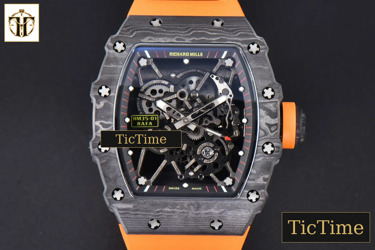 RM035-02 42mm T+F Black Forged Carbon Black Skeleton Dial Orange Crown Orange Rubber Strap RMUL2 — foto 2