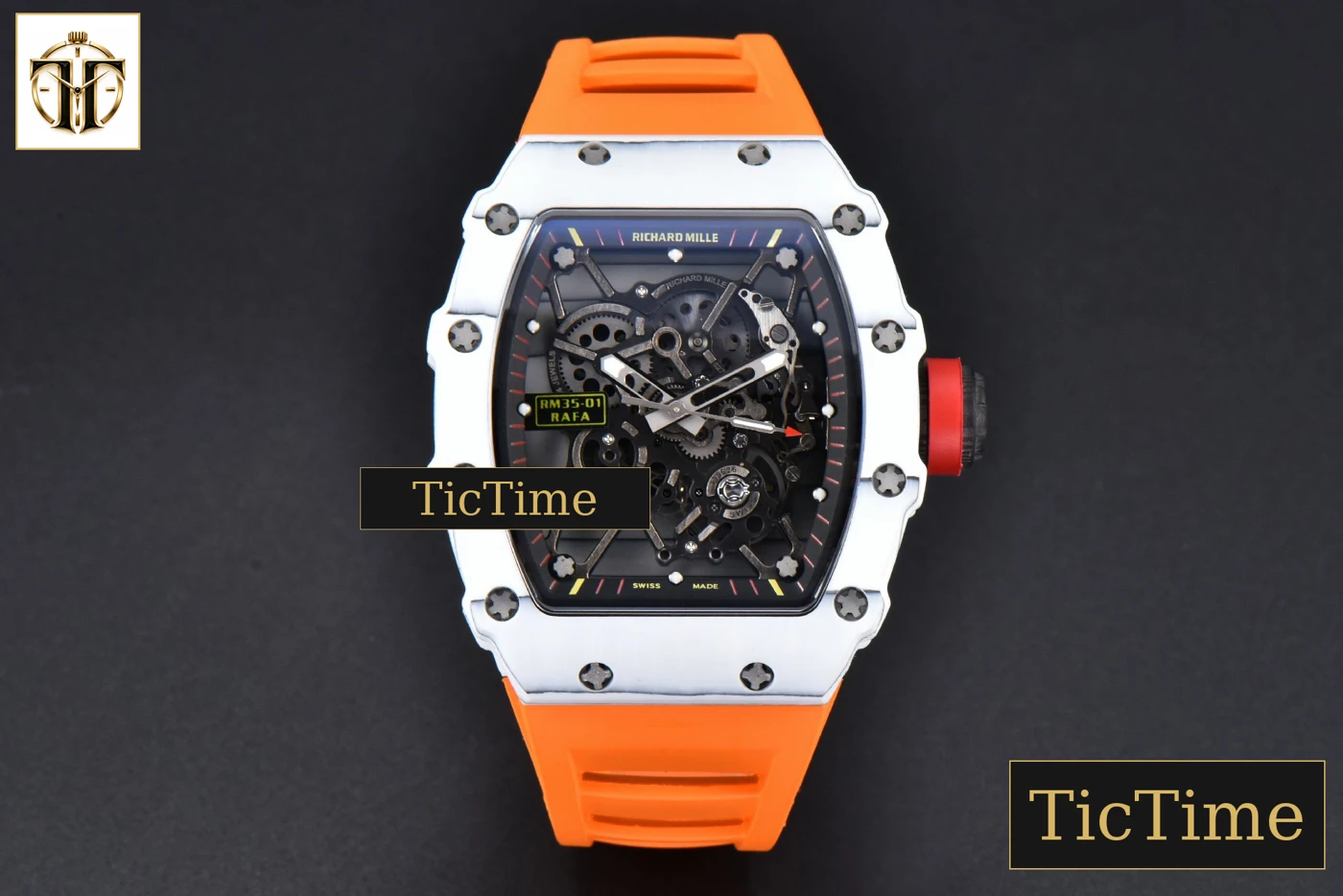 Vista frontal — RM035-02 42mm T+F White Forged Carbon Skeleton Dial Red Crown Orange Rubber Strap RMUL2