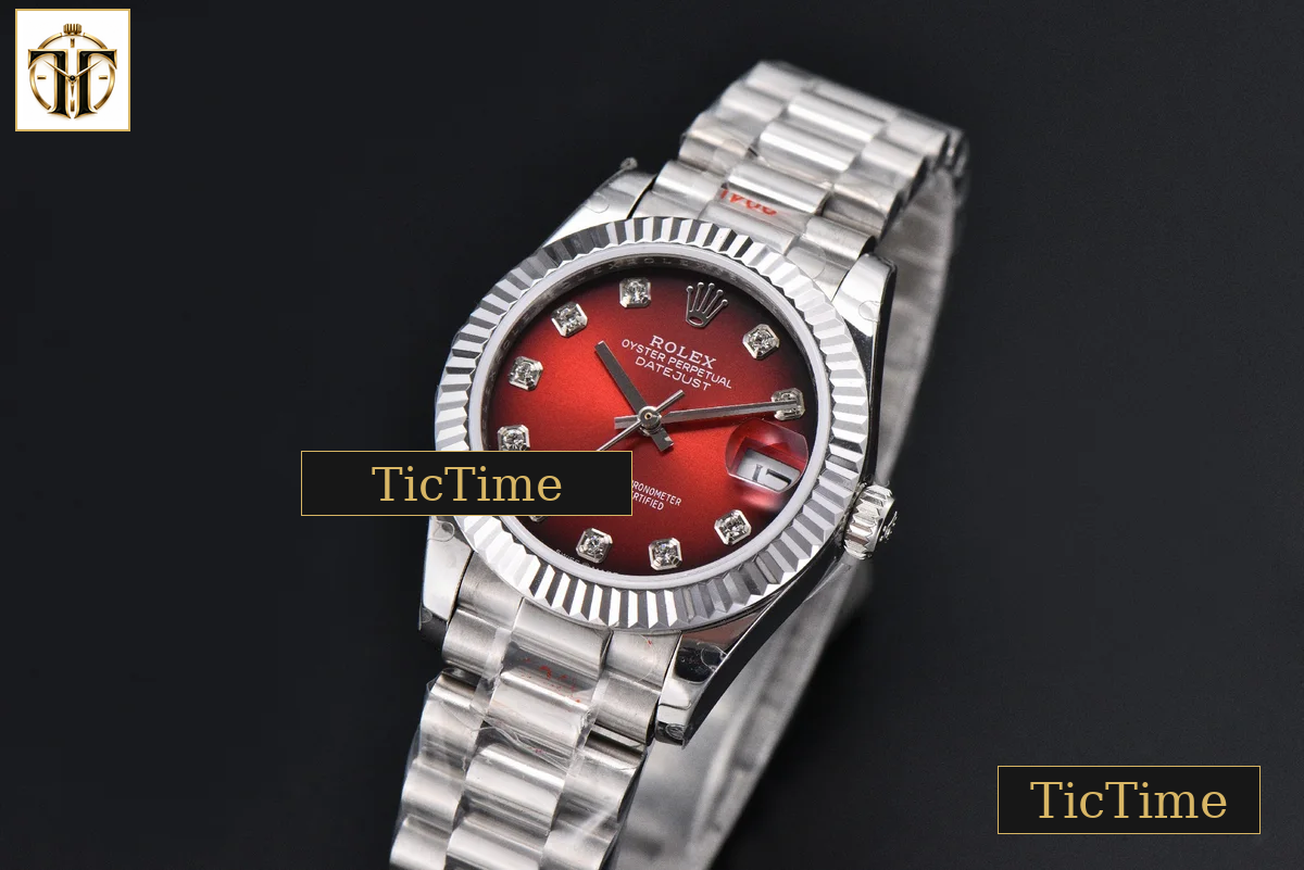 DateJust 904L Fluted Bezel 31mm GMF Red Dial Diamond Marker SS President Bracelet A2824 — foto 4