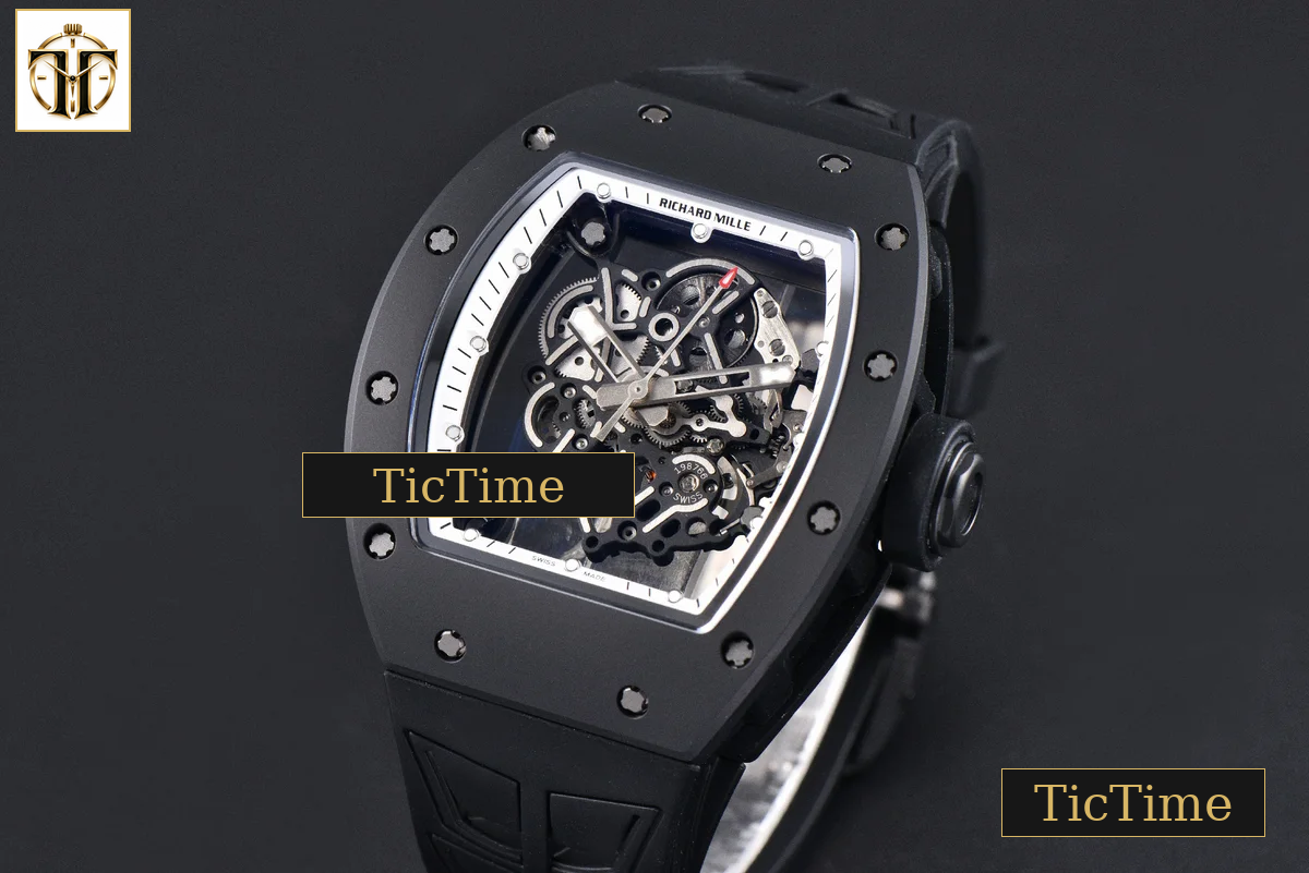 RM055 42.7mm ZF Ceramic Black Bezel White Skeleton Dial Black Crown Black Rubber Strap RMUL2 — foto 4