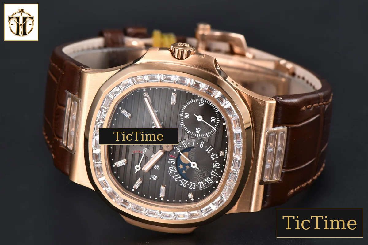 Nautilus 5712 40mm PPF RG Diamond Bezel Gray Dial Diamond Marker Moonphase Brown Leather Strap A240 — foto 14